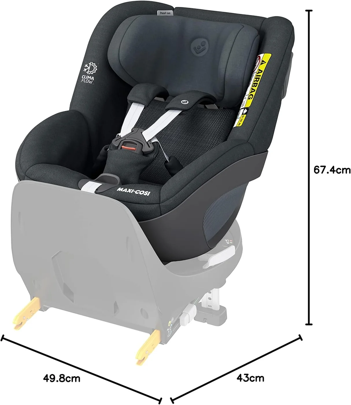 Maxi-Cosi Pearl 360 con medidas y rango de uso 61 a 105 cm