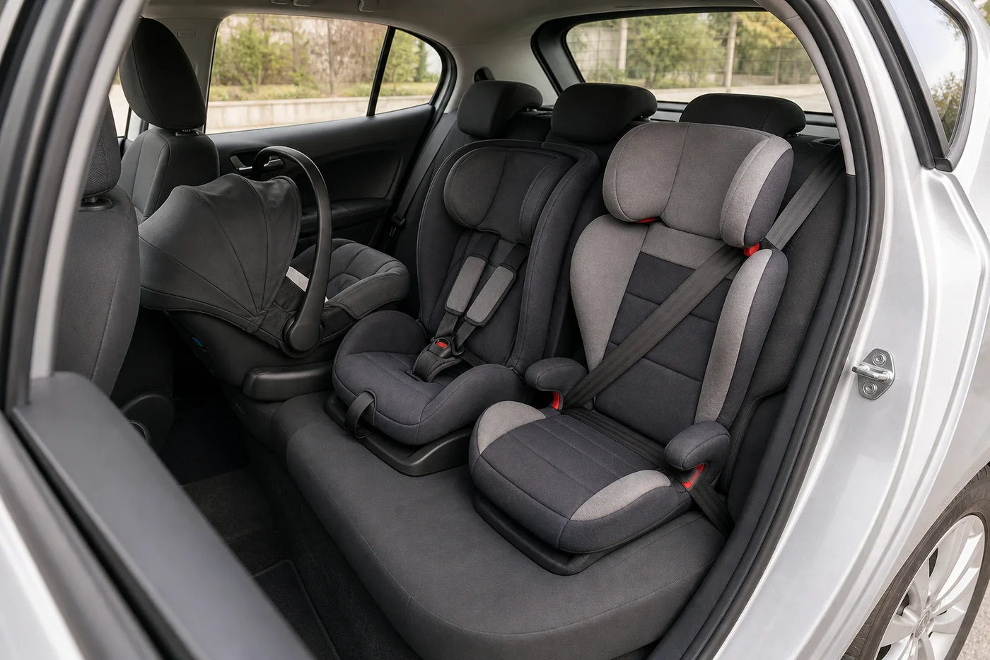Silla de coche instalada en un vehículo compacto